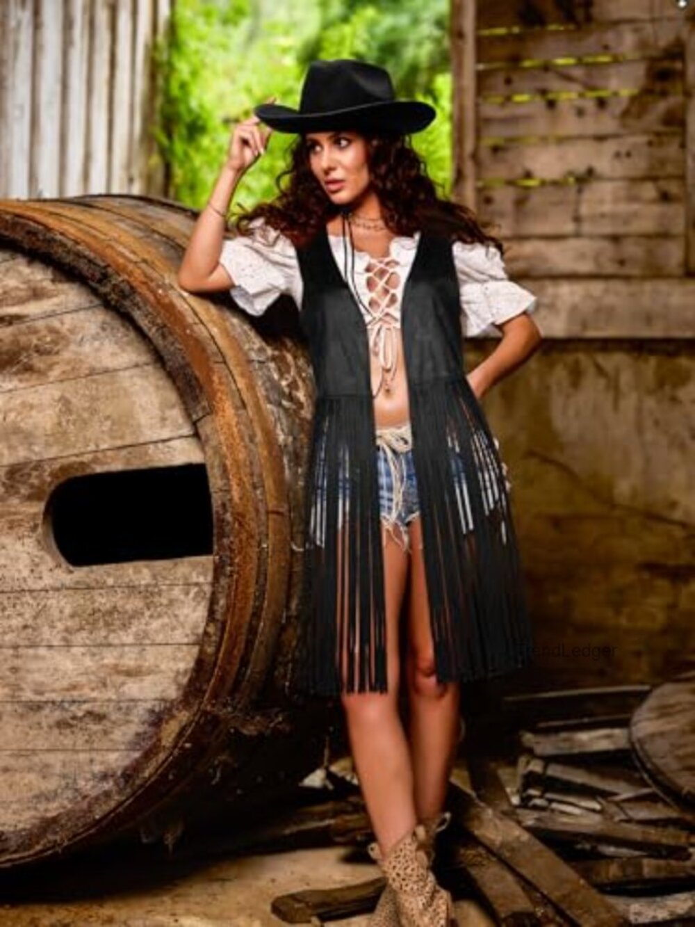 Faux Suede Fringe Vest with Cowgirl Hat - Western Hippie Costume Set - Picture 4 of 7
